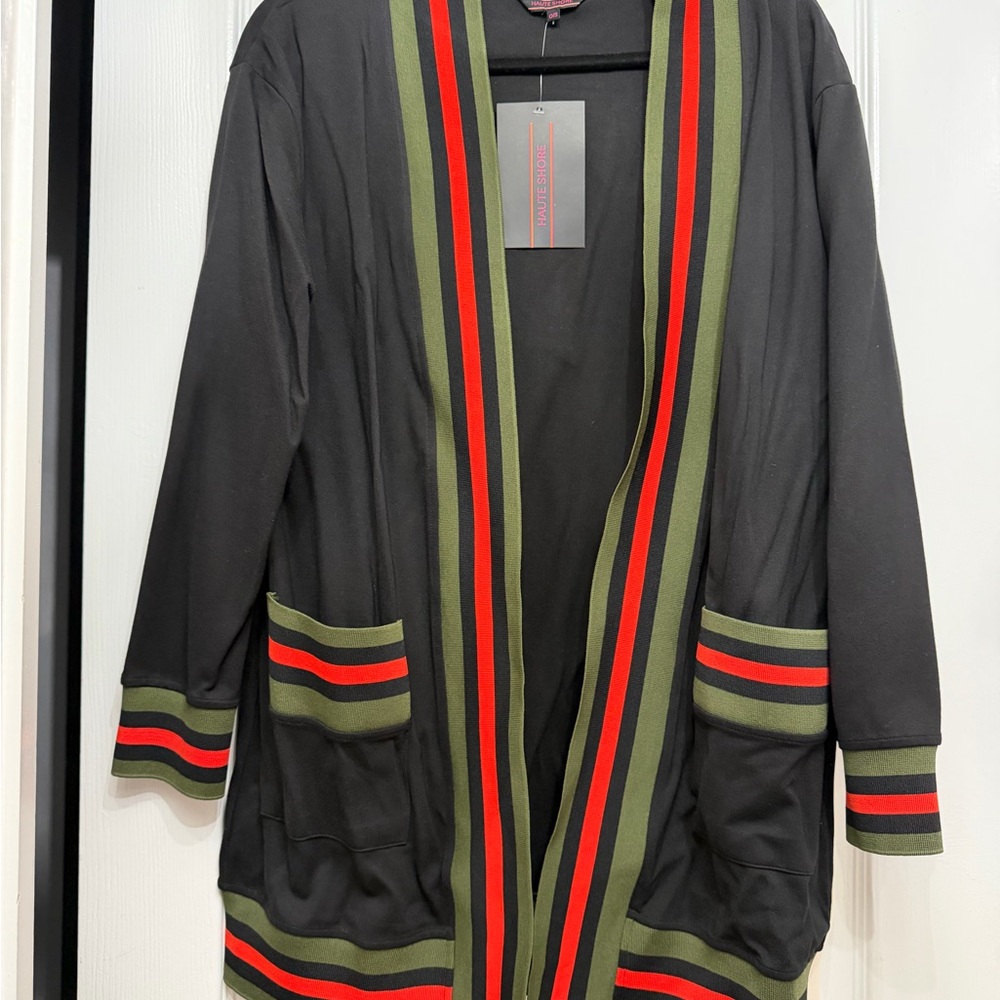 Black with Red and Green Striped Trim Detail Women's Cardigan